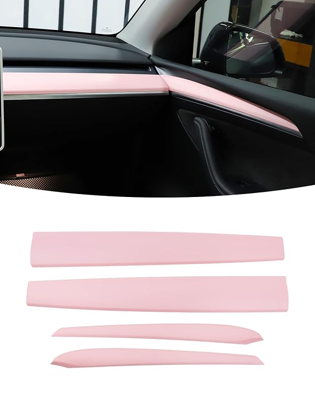 Kit de capas para painel e apoio de braço interno das portas KKTR-CAR em ABS com textura de fibra de carbono rosa compatível com Tesla Model 3 2021–2023 e Model Y 2020–2025, 4 peças