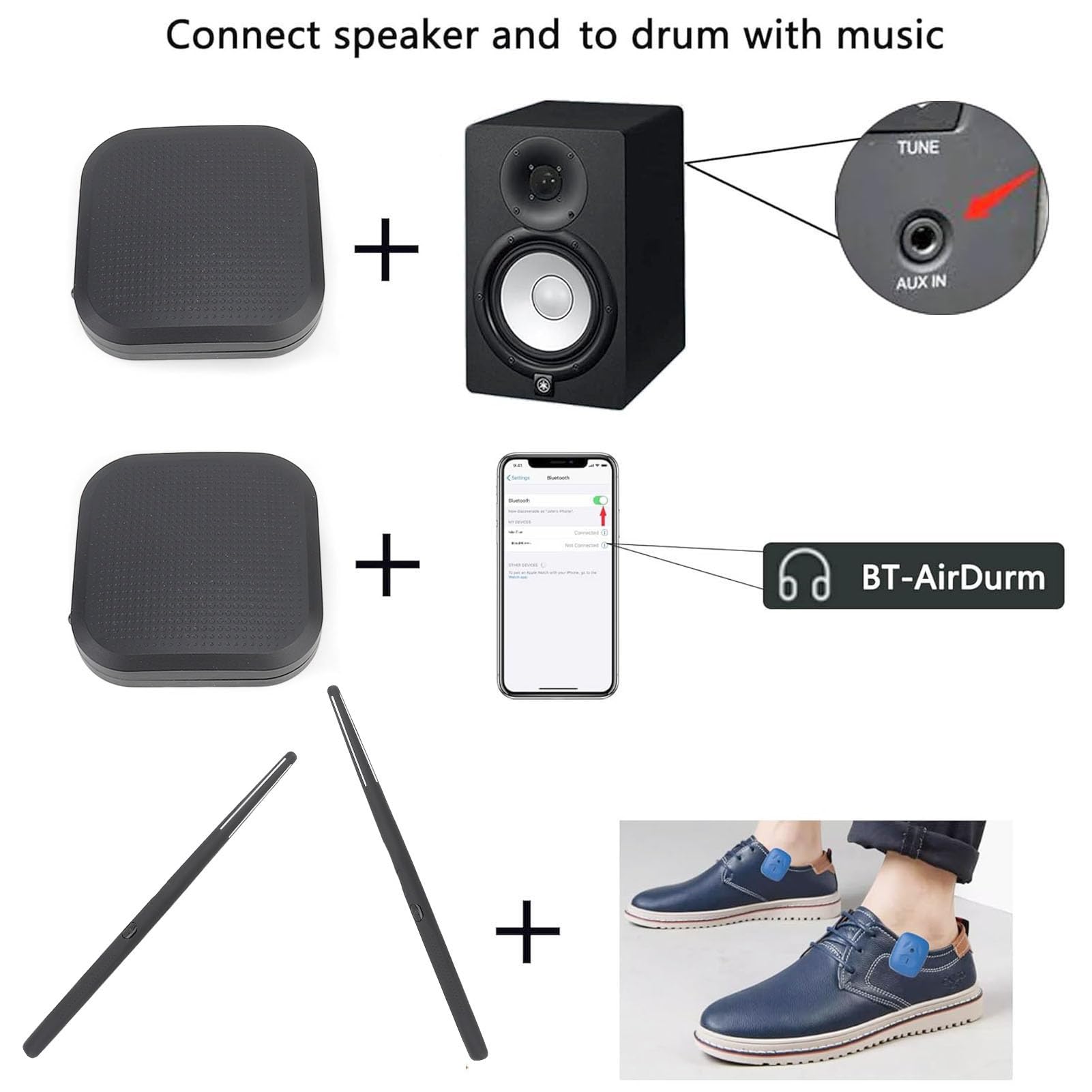 Elektrische Lufttrommel Set, Virtuelle Drumsticks Set, RGB Tragbar 3D-Bewegungsempfindung Air Drum Kit Mit & 8 Sounds für Erwachsene Percussion Accessoires (BLACK)