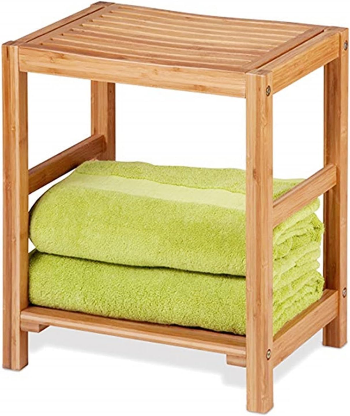 Shower Bench Bathroom Stool 2-Tier Wood Spa Bath Organizer Stool,Bamboo Shower Bench, Corner Bathroom Chair & Seat with Storage Shelf for Indoor Outdoor