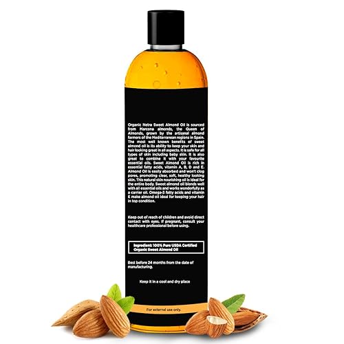 Miniatura 2 de Organic Netra Aceite de almendras dulces para cabello y piel, puro y seguro, nutre el cabello seco y opaco, enriquece con vitaminas y minerales, sin