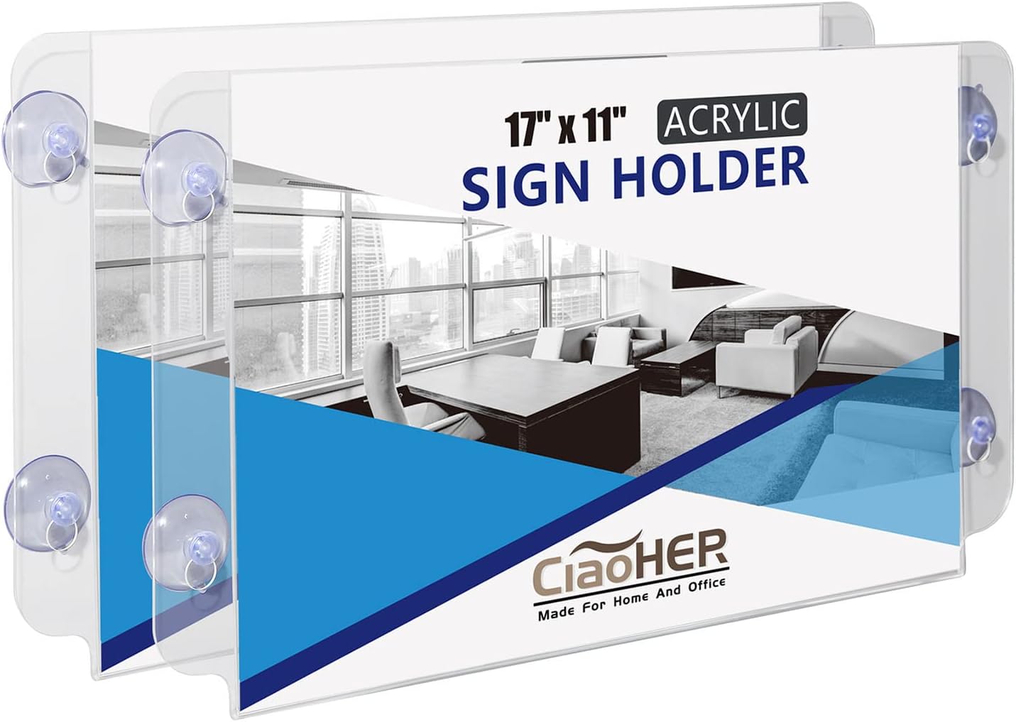 CiaoHER Acrylic Window Sign Holder 17 x 11, Clear Acrylic Frames Glass Window Mount Advertising Signage Sign Holder with 4 Suction Cups for Mall, Office, Home, Restaurant, Landscape ?2 Pack? 2pack-17x11Inches