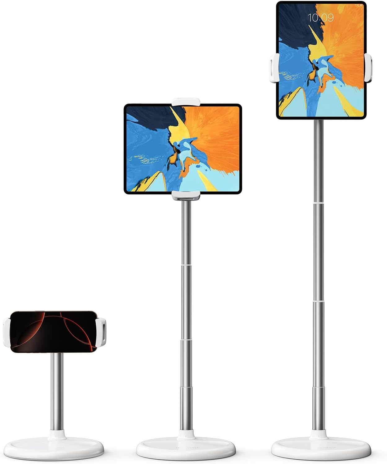 OATSBASF Tablet Floor Stand Holder, Height Adjustable(12-34.6 inch) 360° Rotatable iPad Stand with Heavy Base, Adjustable Holder for 4"-12.9" Devices Including iPhone, iPad, Kindle, Switch, White