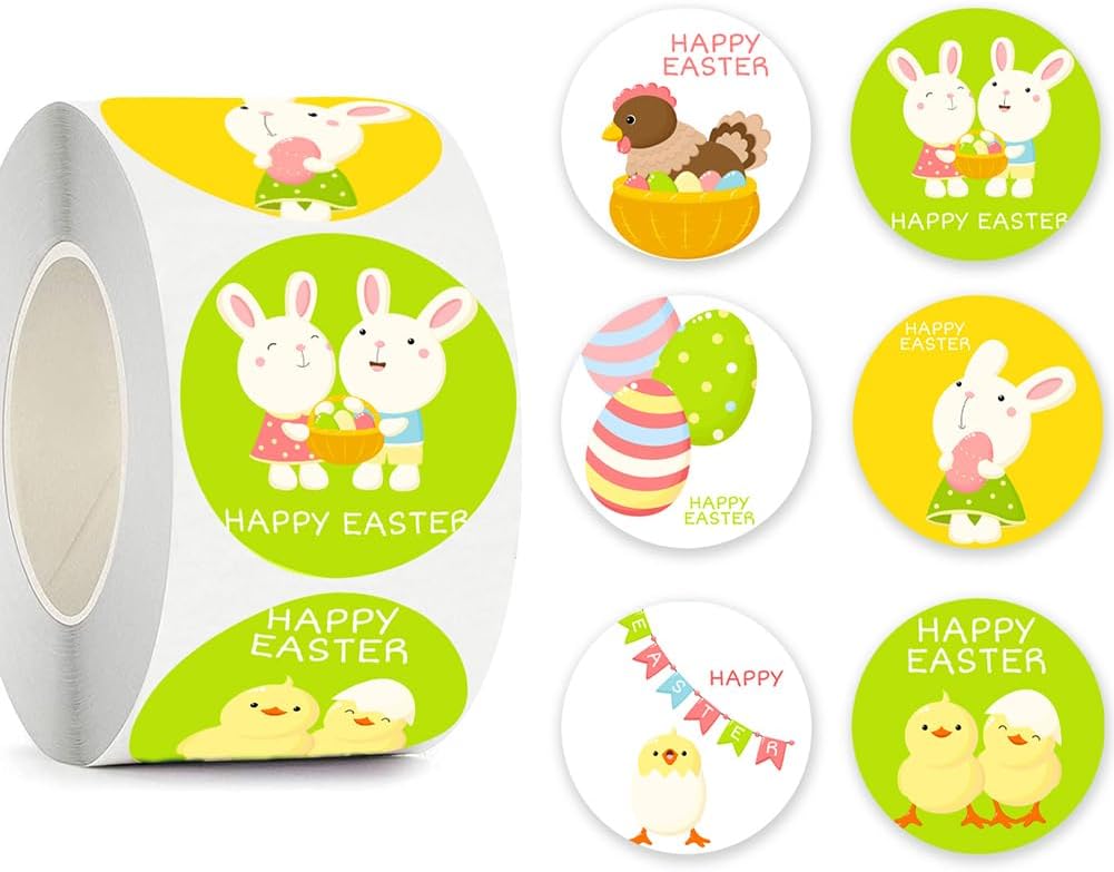 500PCS Easter Bunny Stickers 6 Designs Spring Happy Easter Egg Rabbit Stickers Roll 1in Waterproof Self-Adhesive Decorative Labels Rabbit Sticker for Envelopes Scrapbook Holiday Party Supplies