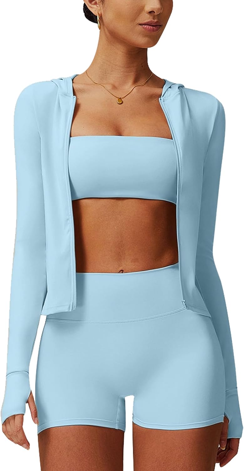 Workout Sets for Women 3 Piece High Waisted Seamless Shorts UPF 50+ Long Sleeve Jacket Stretchy Sports Bra Sets