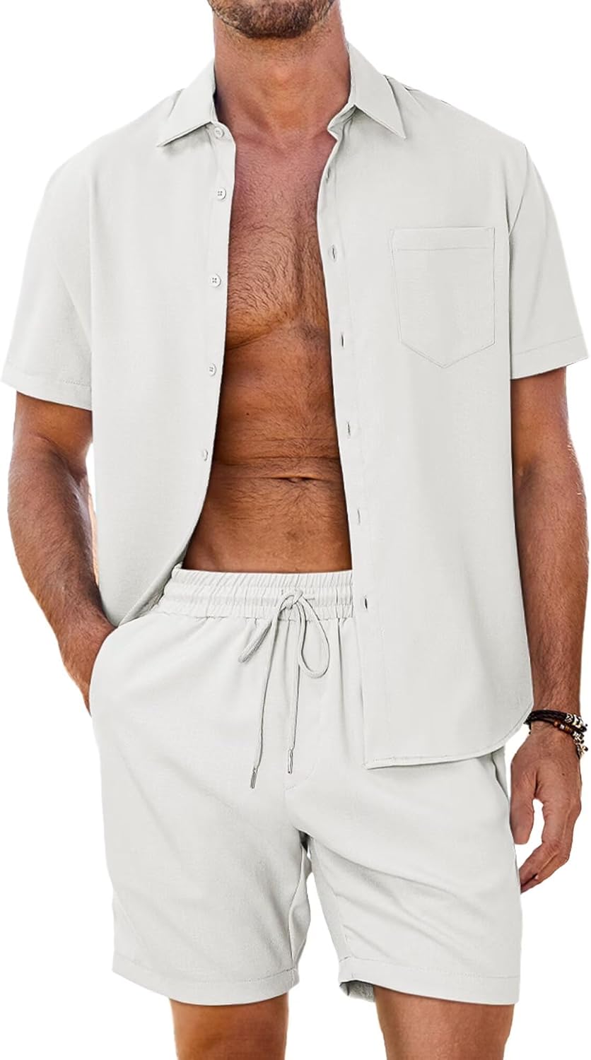Dokotoo Men Men's 2 Piece Casual Summer Beach Button Down Shirt Short Sleeve Solid Shirts and Shorts Yoga Outfits Sets