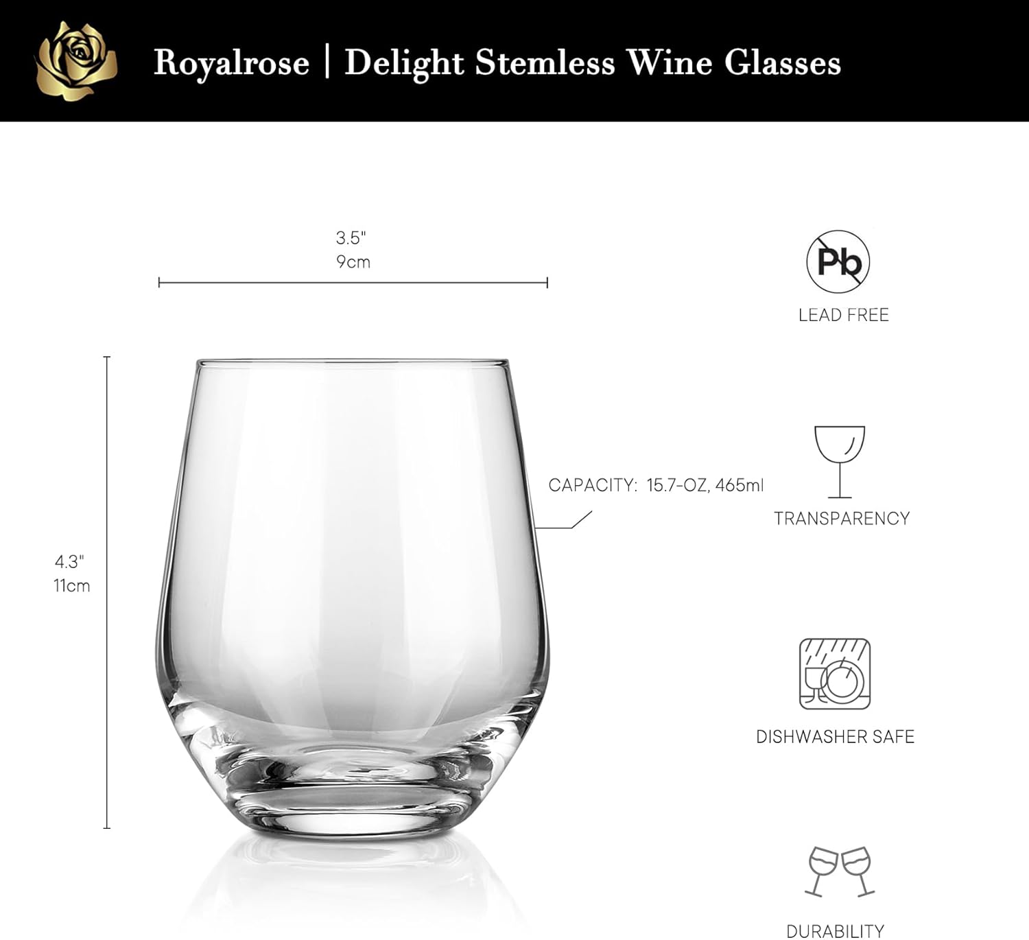 Royalrose Premium Delight Vintage Red Wine Glasses Set of 4, 15.7 oz Goblets Glasses for Wine, Cocktails, Sparkling Water, Elegant Drinkware for Entertaining or Daily Use (Stemless Wine Glasses) - Image 3