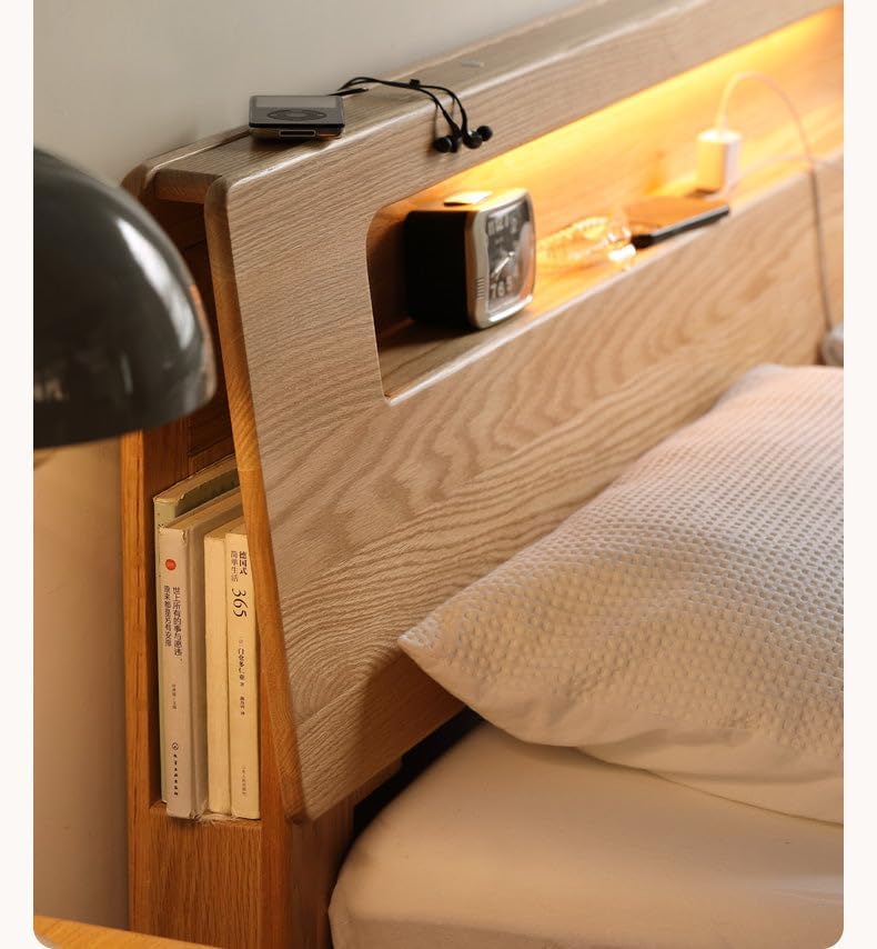 Oak, Beech Solid Wood Bed with Light and Bookshelf US Size - RV King 72" x 80" (182 x 203 cm) / Walnut Color Oak high Berth Diagonal backrest Walnut Color Oak High Berth Diagonal Backrest US size - RV KING 72" x 80" (182 x 203 cm)