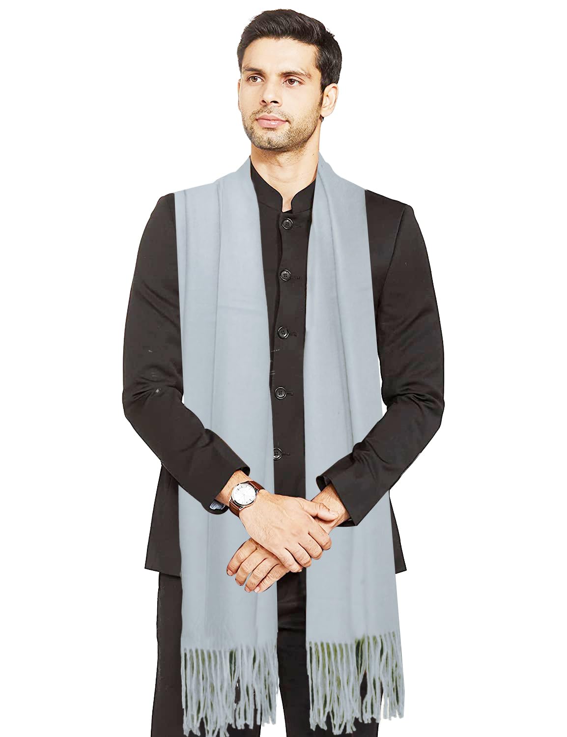 manra Men's Cashmere Soft Feel Warm Wool Solid Plain Muffler/Scarf/Stole for Winter Season (Light Grey)-picture-15