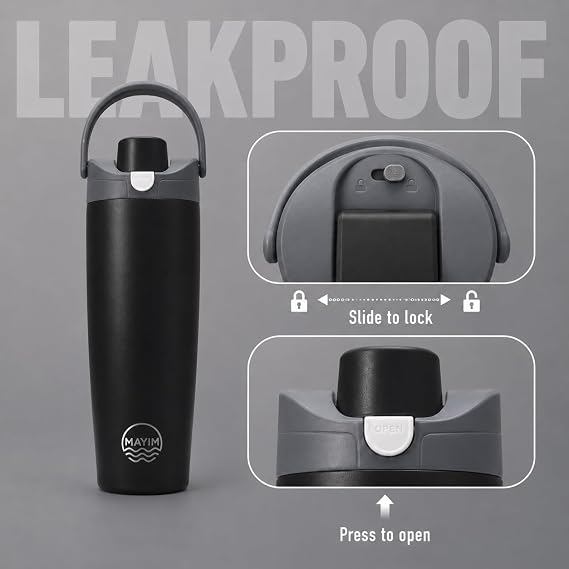 Mayim Snap-Sip Insulated Water Bottle 30 oz with Straw, One-Press Flip Lid, Auto Pop-Up Straw, Slide-Lock Leakproof Cap, Chug Mode, Carry Handle, BPA Free (Black)