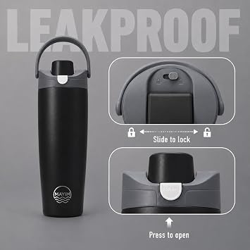 Mayim Snap-Sip Insulated Water Bottle 30 oz with Straw, One-Press Flip Lid, Auto Pop-Up Straw, Slide-Lock Leakproof Cap, Chug Mode, Carry Handle, BPA Free (Black)