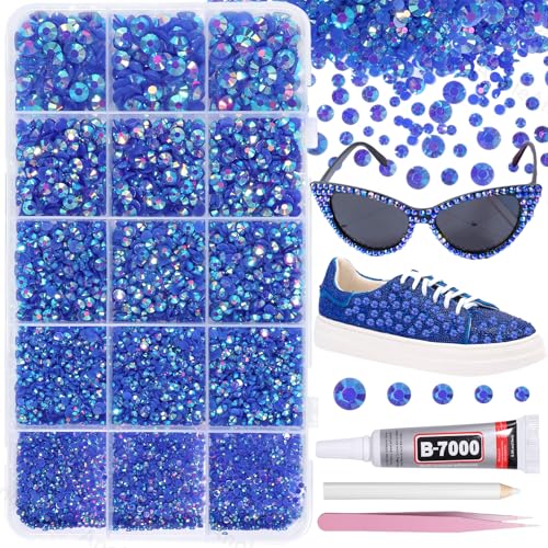 12000Pcs Royal Blue AB Rhinestones for Bedazzling Kit 2/3/4/5/6mm Mix Sizes Jelly Bedazzling Resin Gems Gems Bedazzling for Crafting Flatback Resin Rhinestones for DIY Face Makeup Crafts Tumblers