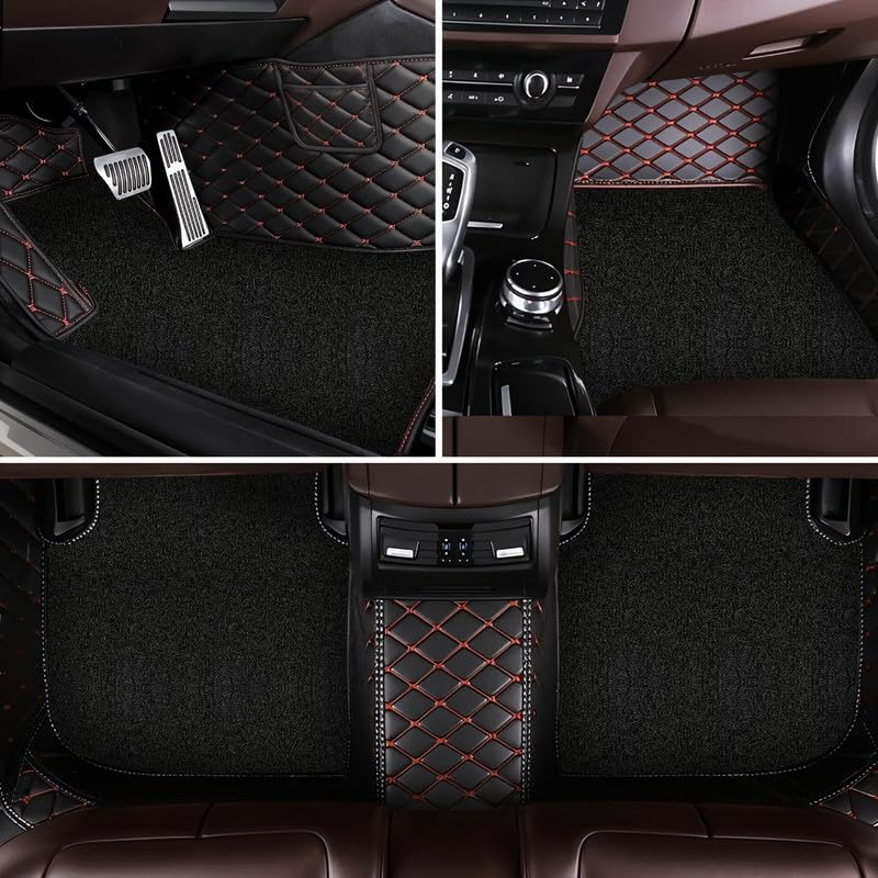Image of NEXTA Premium Faux Leather 7D Car Floor Mats for Tata Hexa 7 Seater|| Luxury Leather with Grass Mat Complete Set || 100% Waterproof and Washable (Color Black & Red)