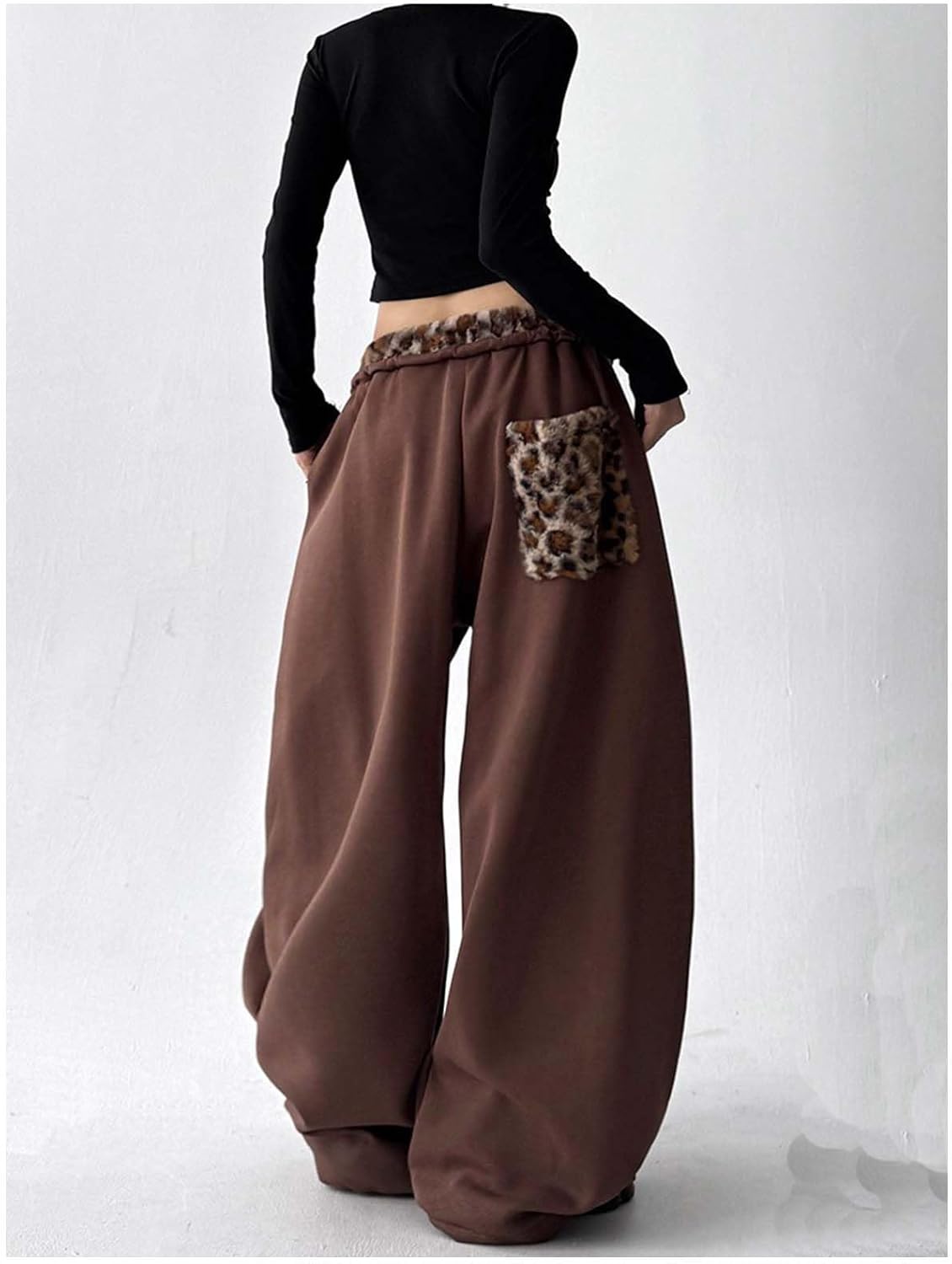 Y2K Wide Leg Sweatpants for Women with Leopard Trim, Baggy Cargo Joggers Graphic Lounge Pants for Streetwear & Hip Hop - Image 5