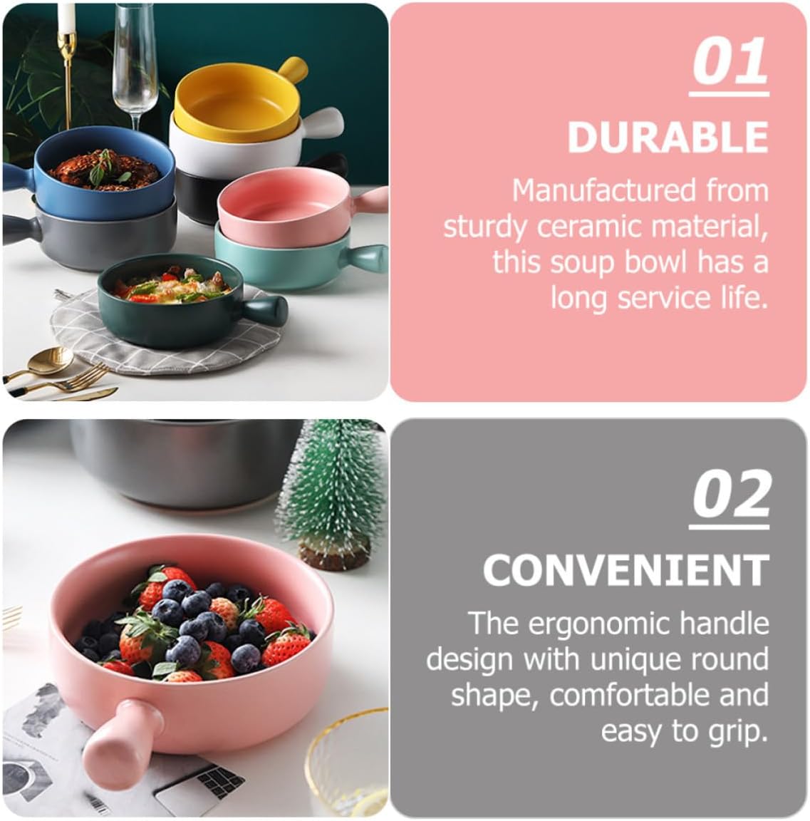 Ceramic Soup Bowl with Handle, 600ml round Pink Baking Bowl