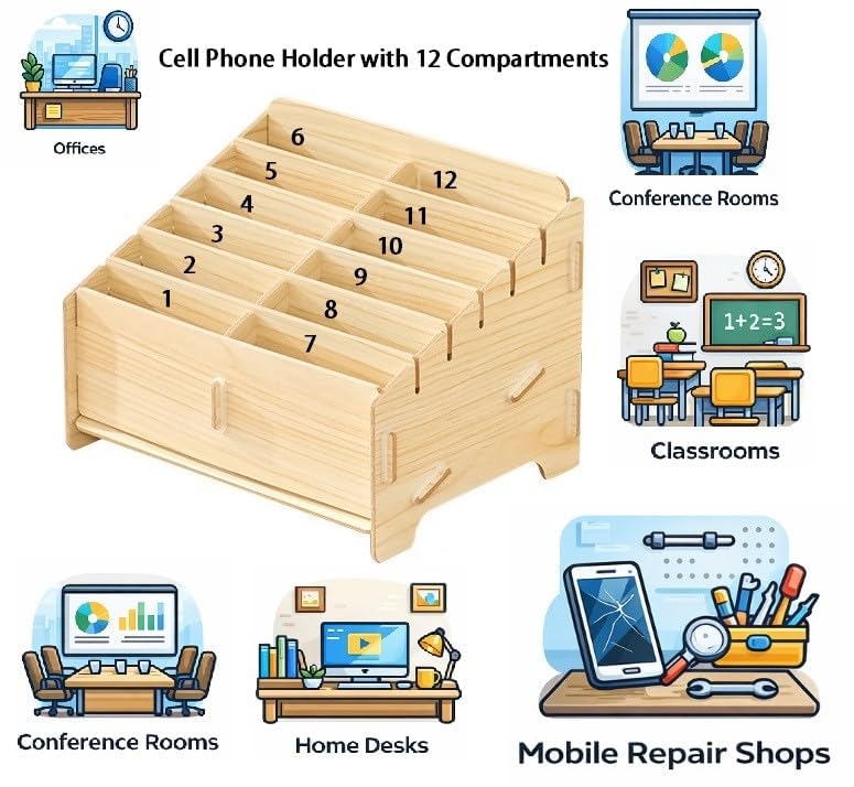 Breewell Store Breewell 12 Grid Wooden Phone Organizer Stand - Image 5