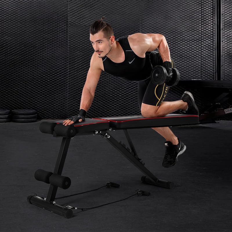 Adjustable Weight Bench with Resistance Band Foldable Sit Up Strength Training Utility Benches Workout Bench Flat Incline Decline Bench Press for Home Gym Dumbbell Exercise