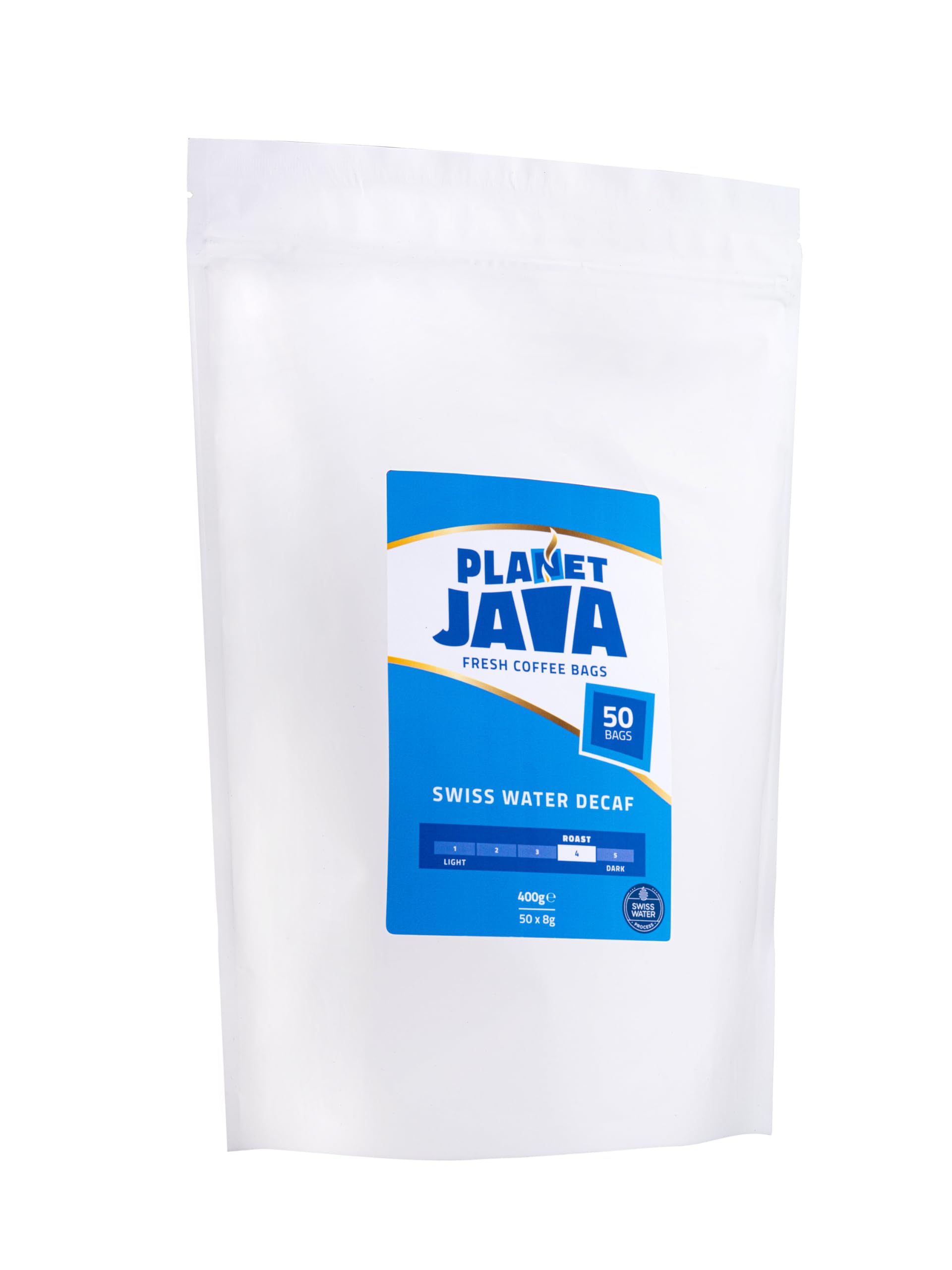 Planet Java Swiss Water Decaf Coffee Bags, 100% Brazilian Full Medium Roast, Resealable Bag of 50 x 8g