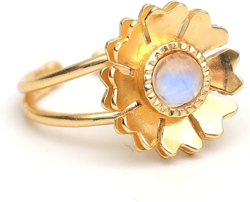 Miniatura 7 de Gempires Green Onyx Ring, Hammered Flower Ring, Adjustable US Size 6 to US Size 9 Ring, Womens Jewelry, Hypoallergenic 14k Gold Plated, Lightweight,