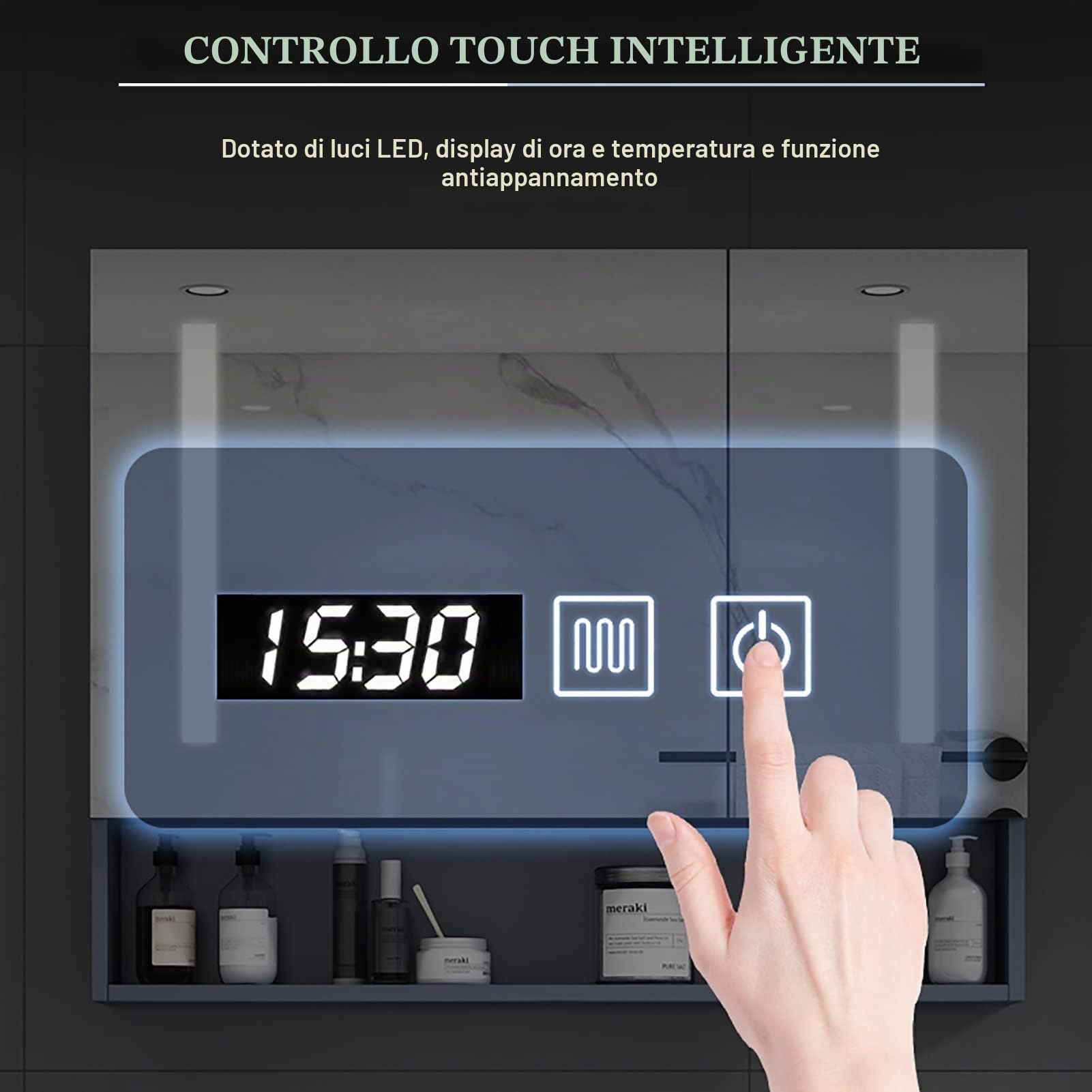 Armadietto da bagno moderno con specchio a LED da 110 cm con anti-appannamento, Slish Sto Solut per tials, design Sk perfetto per la decorazione della casa e l'uso quotidiano.