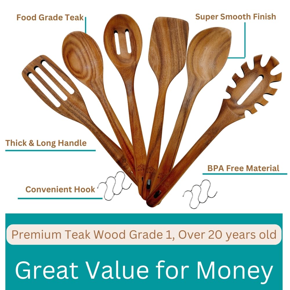 Premium-Teak-Löffel, Holzlöffel zum Kochen, langlebig, umweltfreundlich und sicher, Küchen-Kochlöffel, Kochgeschenke für Mutter, gesunde Kochutensilien (6er-Set) und Haken