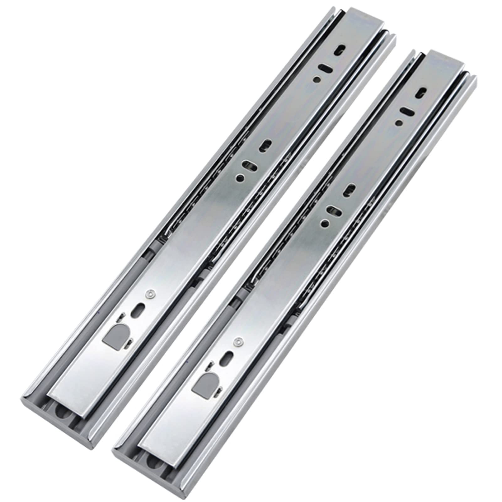 Guide per cassetti, guide con chiusura ammortizzata, guide ad estrazione totale, chiusura a tampone, apertura e chiusura a scatto, mute e lisce, portante 45 kg, una coppia di guide laterali