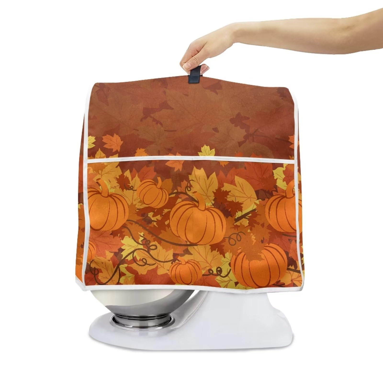 Goronwyfloyd Classic Pumpkin and Maple Kitchen Mixer Dust Cover with Handles and Side Pockets for 4.5-5-Quart Stand Mixer, Air Fryer and Other Small Appliances Thanksgiving Decor