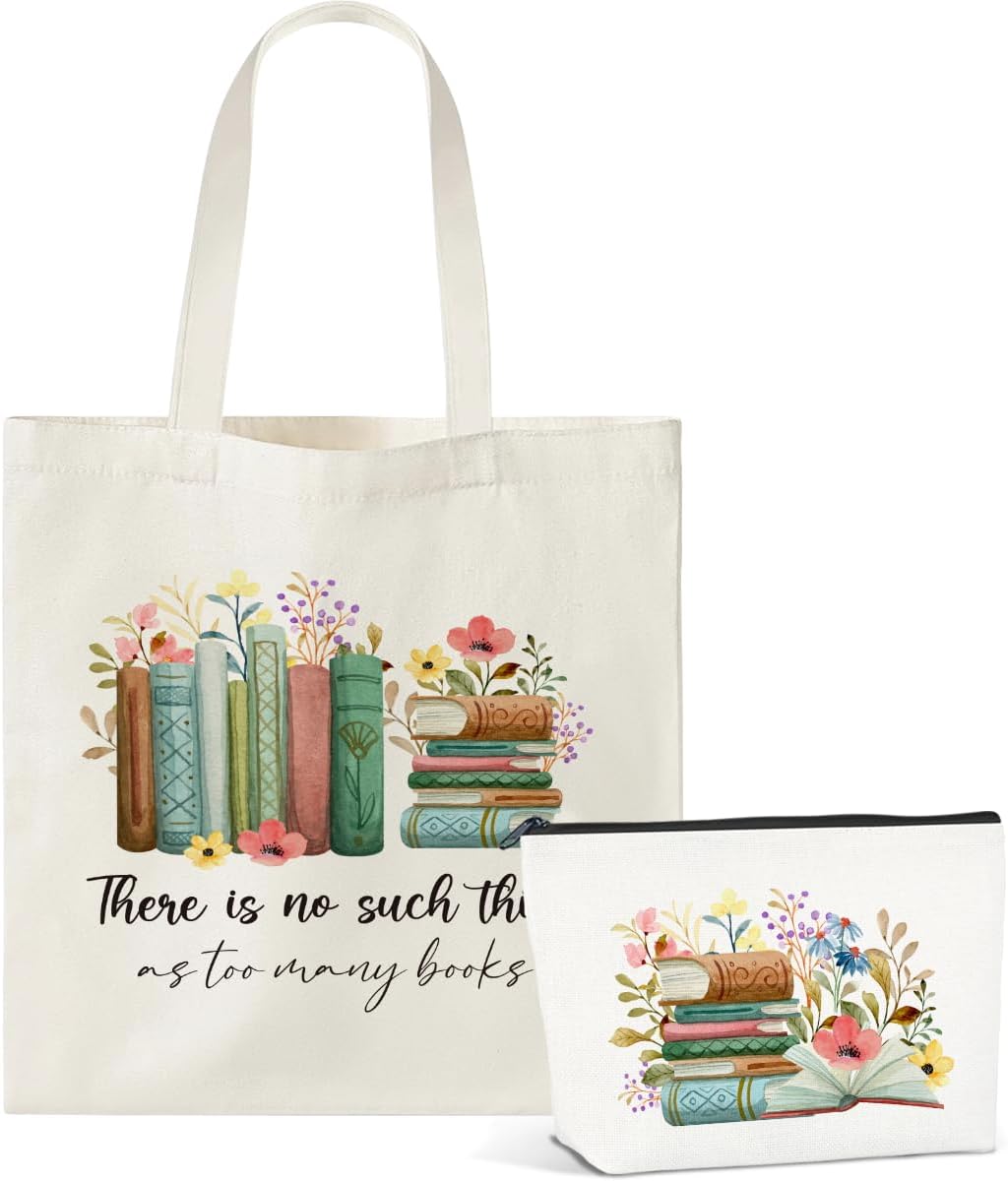 2Pcs Book Lovers Gifts Canvas Book Tote Bag Small Makeup Bag, Book Lover Gifts for Women Librarian Readers Sister Bookish Gifts Bookworm Gifts for Book Lovers