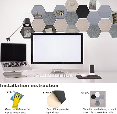 Miniatura 7 de HONORIA Paquete de 12 paneles acústicos, paneles de pared insonorizados, autoadhesivos hexagonales de 12 x 10 x 0.4, paneles de amortiguación de