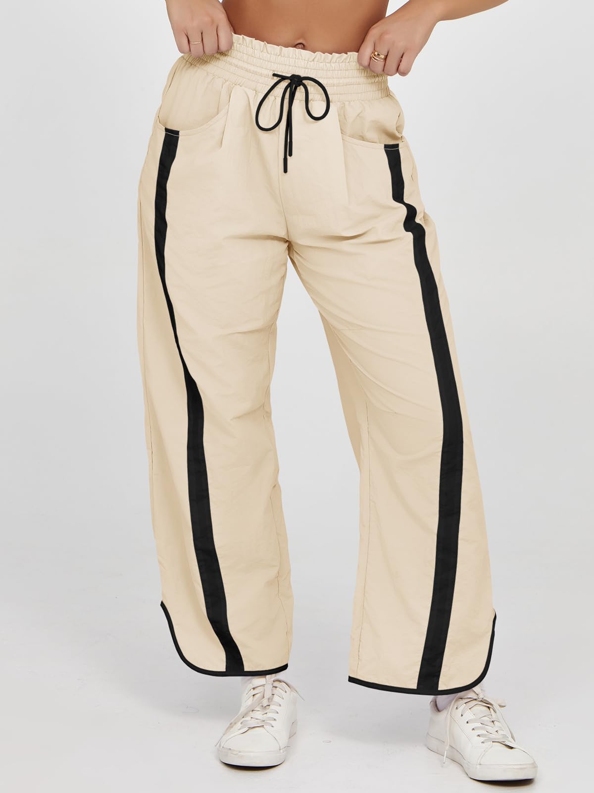 Fisoew Women's Baggy Wide Leg Pants Casual Drawstring Elastic Waisted Contrast Color Workout Y2K Track Pants