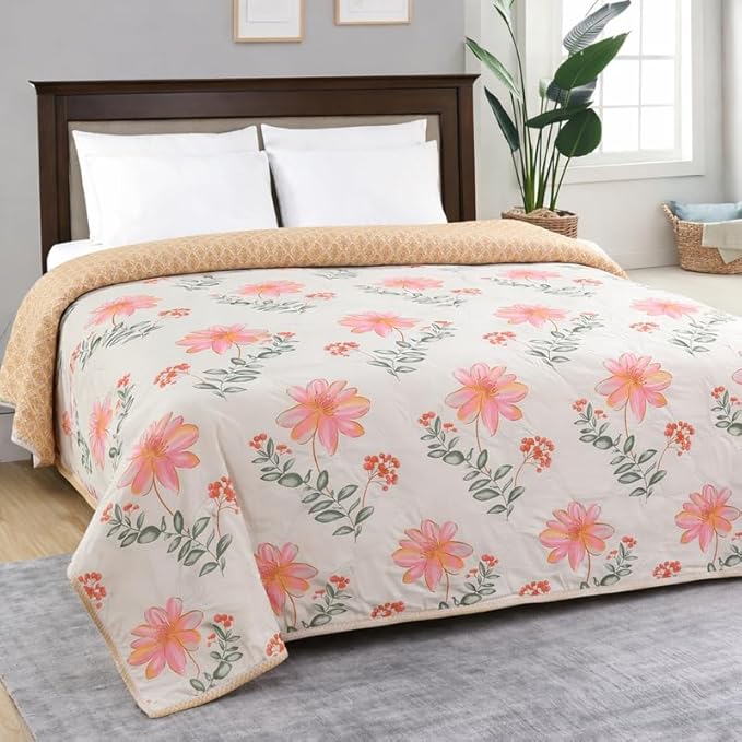 Luxury Ultrasonic Punch AC Comforter Blanket – Quilted Microfiber Floral Pattern, Lightweight Breathable Hypoallergenic All‑Season Blanket for Bedroom, Travel (225 x 190 Cm) Blush Peach