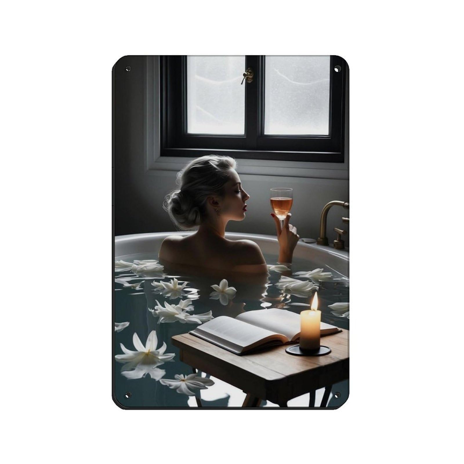 Poster métal femme baignoire rétro avec bougie déco murale vintage 20x30 cm