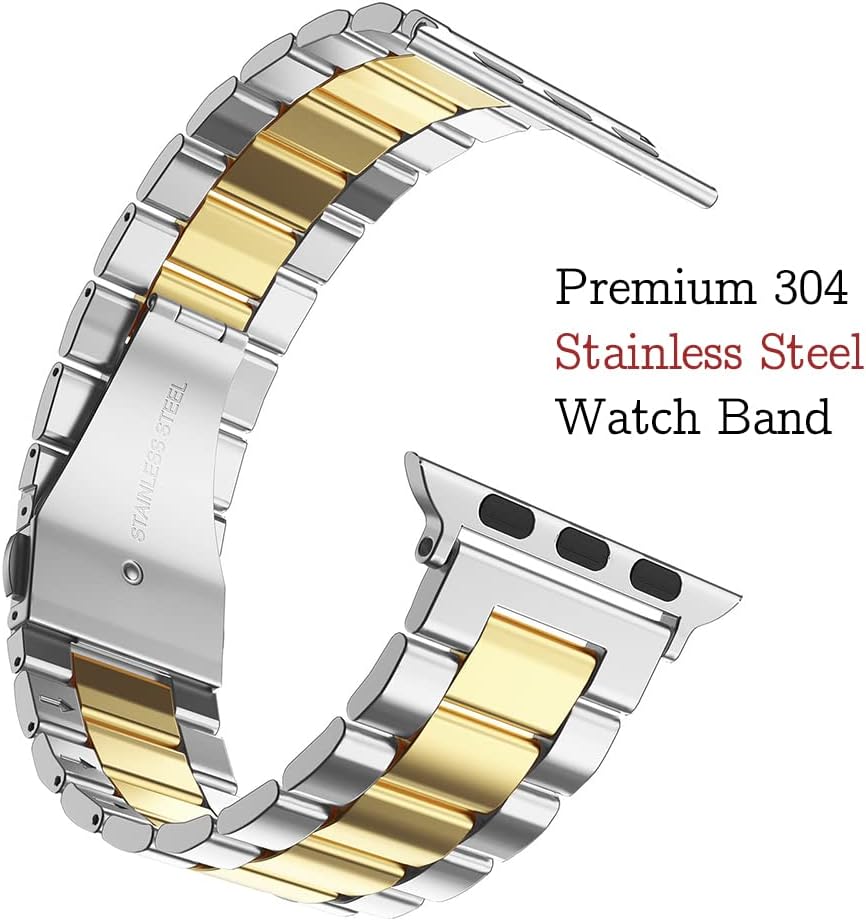 Designed for Apple Watch Band and Case, Stainless Steel Metal Chain with TPU Cover, Smart-Watch Link Bracelet Strap, Wrist-Band for i-Watch Series 9 8 7 6 5 4 3 2 1 SE, 45mm 44mm 42mm, Silver+Gold - Image 4