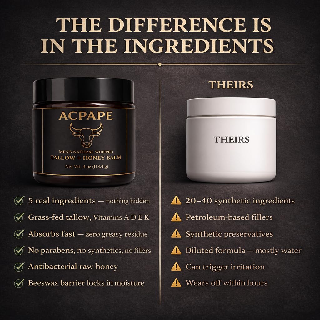 Beef Tallow for Skin — Men's Natural Whipped Tallow and Honey Balm | Grass-Fed Beef Tallow Face & Body Moisturizer for Men | Tallow Balm with Jojoba Oil, Olive Oil, Beeswax & Raw Honey | 4 oz