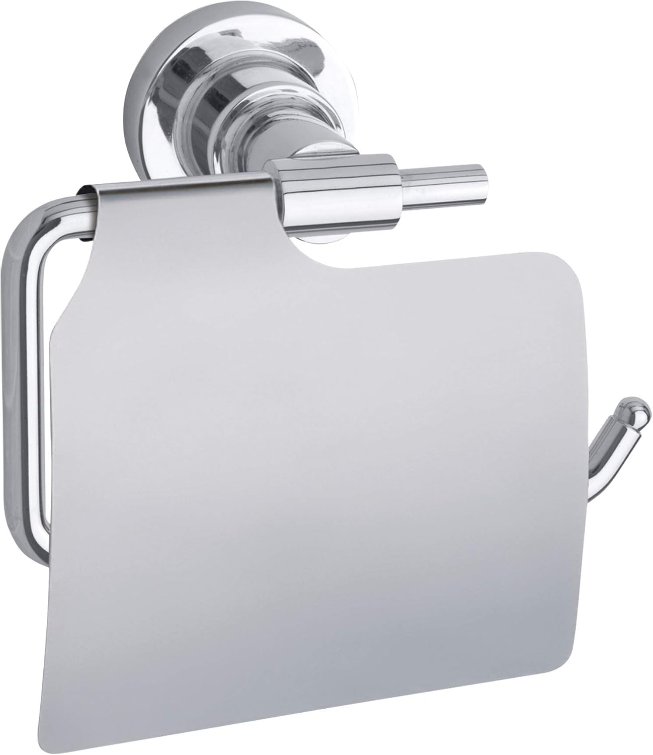 tesa LUUP Toilet Paper Holder with Lid - Chromed Metal Toilet Paper Holder for Bathrooms and Guest Toilets - Including Self-Adhesive Solution Without Drilling