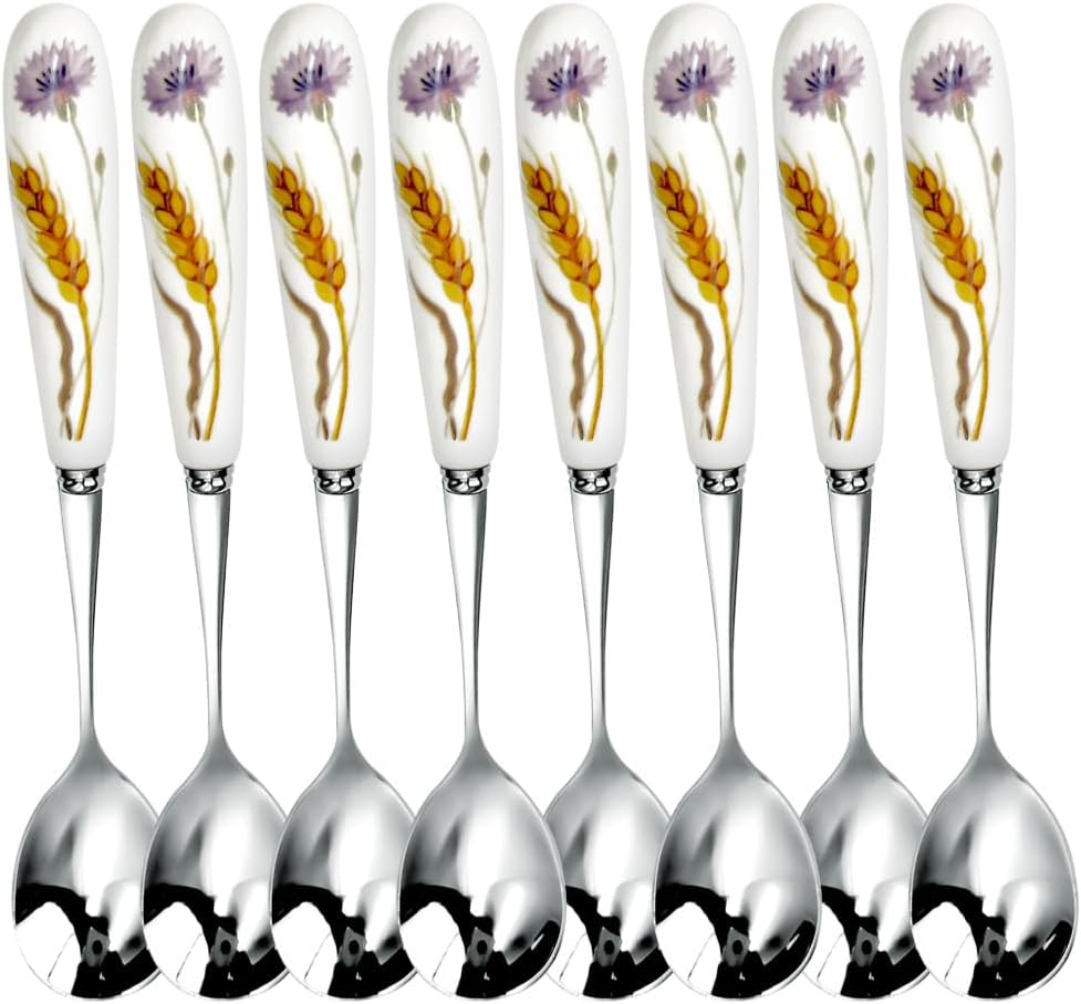 14cm 5.5inch Mirror-Polished Exquisite Light-Luxury Daily Coffee Spoon，Long-Lasting 18-10Stainless Steel(SUS304), White Ceramic Grip Mixing Spoon, Cornflower & Wheat Ear (8)