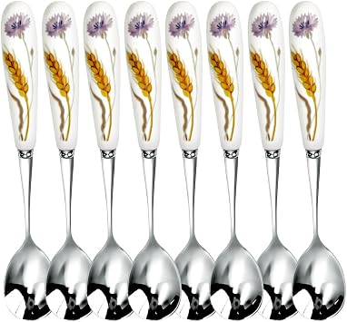 14cm 5.5inch Mirror-Polished Exquisite Light-Luxury Daily Coffee Spoon,Long-Lasting 18-10Stainless SteelSUS304, White Ceramic Grip Mixing Spoon, Cornflower & Wheat Ear 8