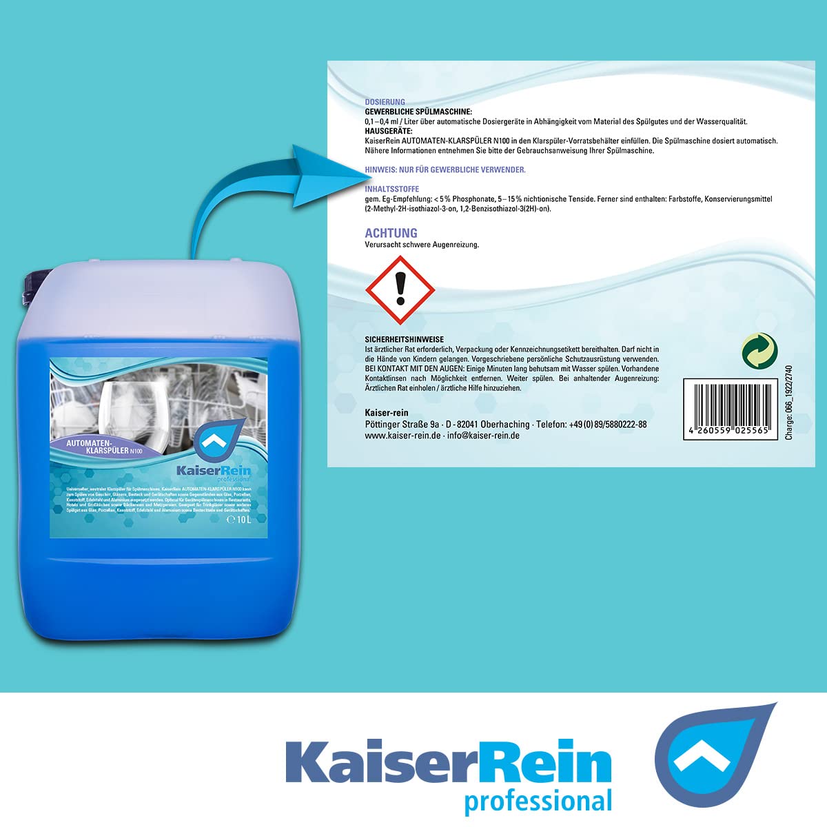 KaiserRein Geschirrreiniger & Gläserreiniger C 62 SET mit Klarspüler N100 Gewerblich ist flüssig für Spülmaschinen Automaten 12 kg Kanister I Gewerbe Spülmaschinen Reiniger Spülmittel
