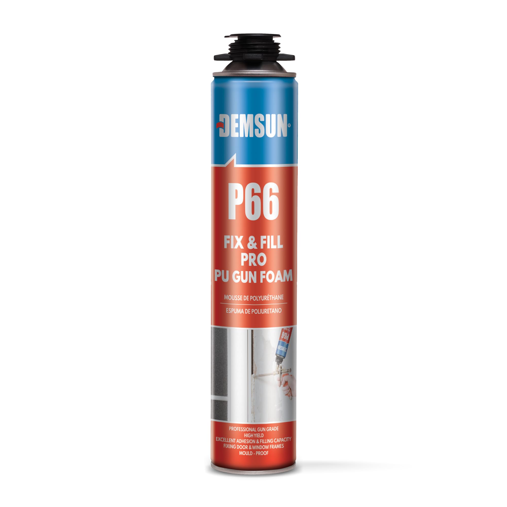 DEMSUN P66 Professional Foam 750ml - High Yield Polyurethane Foam, Thermal & Acoustic Insulation, Waterproof, Overpaintable, Mould-Proof, Fire Class B3, Ideal for Gaps, Joints, Doors & Windows