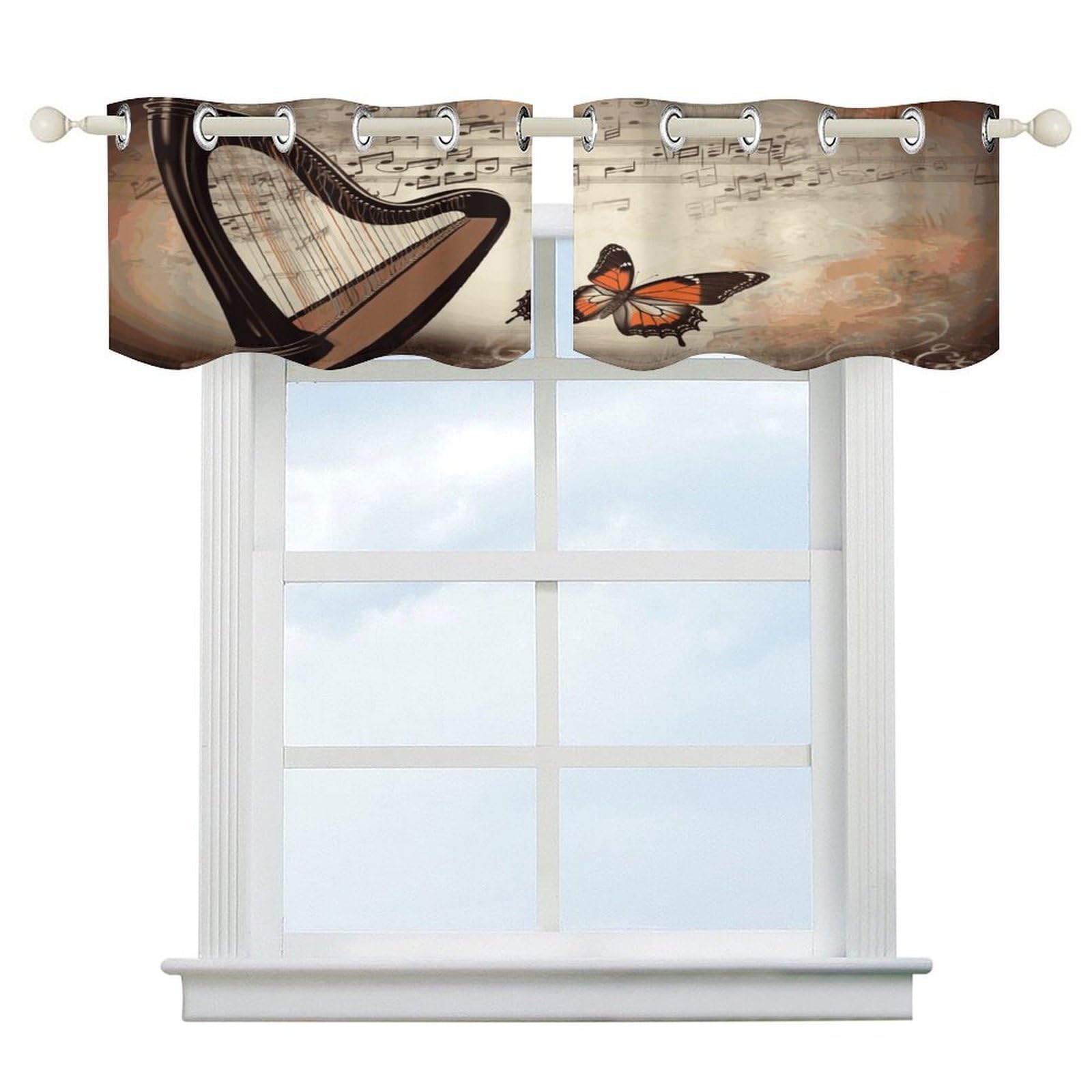 Fekiloot Style Music Background With Harp And Butterfly Short Curtains Valance Curtain