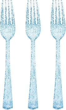 50 Pcs Blue Plastic Forks Blue Glitter Silverware Heavy Duty Plastic Utensils Disposable Cutlery Set for Brithday, Baby Shower, Picnic