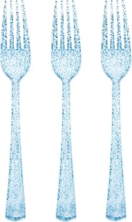 50 Pcs Blue Plastic Forks Blue Glitter Silverware Heavy Duty Plastic Utensils Disposable Cutlery Set for Brithday, Baby Shower, Picnic