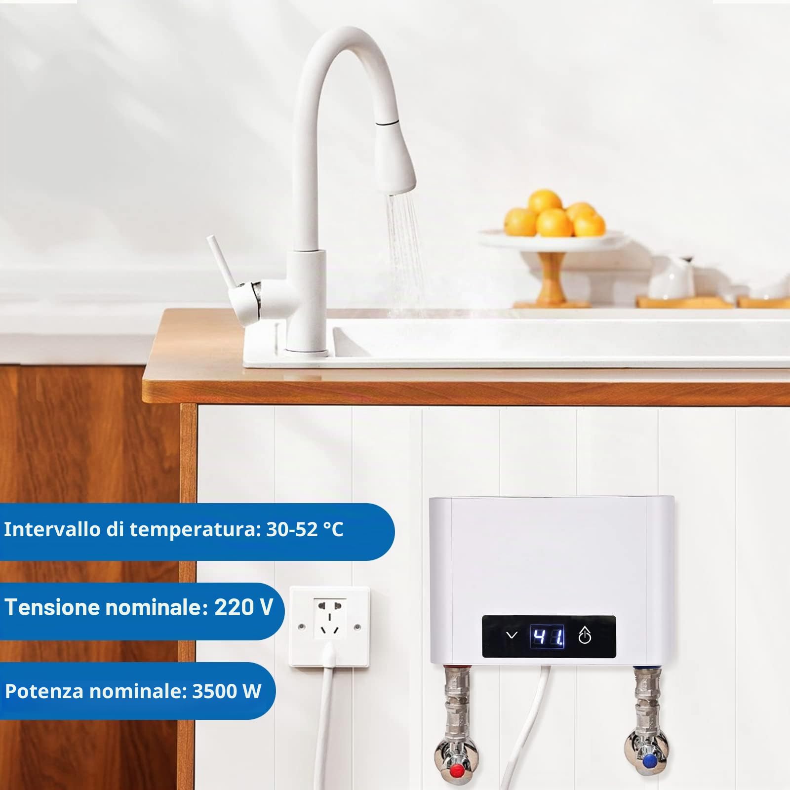 Mini Scaldacqua Elettrico Istantaneo Senza Serbatoio, Mini Scaldabagno Elettrico Istantaneo per Bagno Cucina, LED Display Grande (Bianco, 3500W senza Set Doccia)