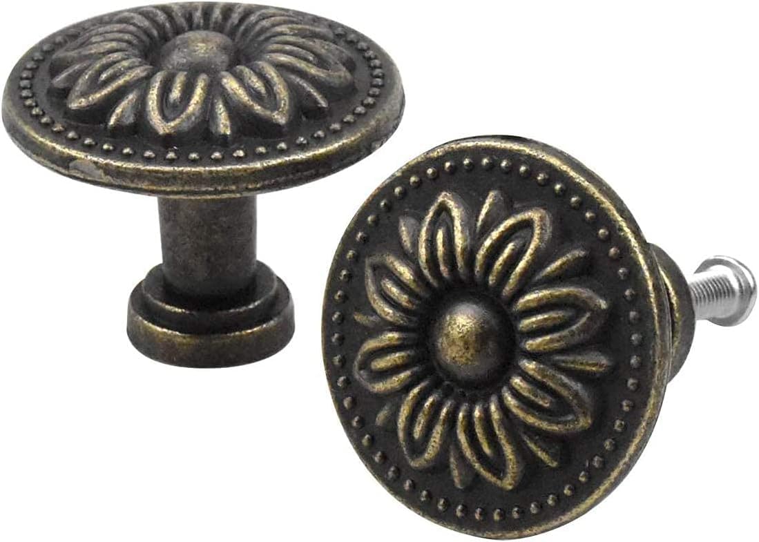 JUCACE Retro Pull Handles,Round Knobs Vintage Copper Handle Flower Round Cabinet Knob, 32MM Vintage Drawer Knob Kitchen Cabinet Cupboard Door Drawer Pull Knob,10PCS