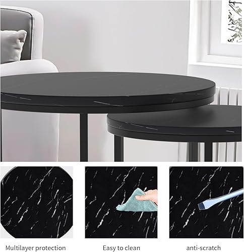 Miniatura 6 de JCWH Mesa auxiliar anidable negra, mesa auxiliar redonda de mármol sintético S2, mesa de noche apilable Morden, con patas de metal ajustables para