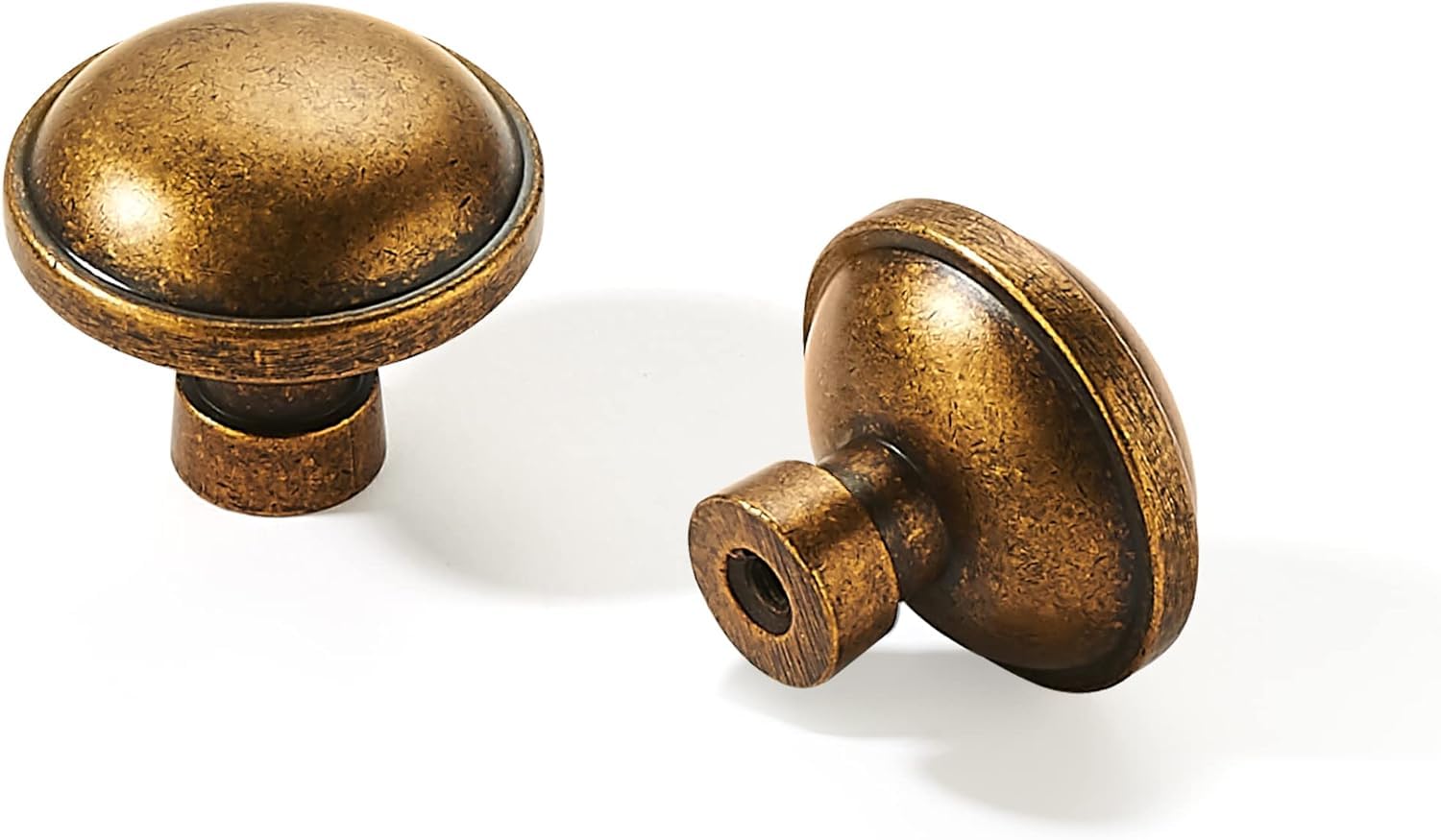 Khtume 2 Pack 1-1/4 Inch Antique Brass Cabinet Knobs - Solid Round Vintage Kitchen Drawer/Door Knobs - Aged Cabinet Hardware — image 1