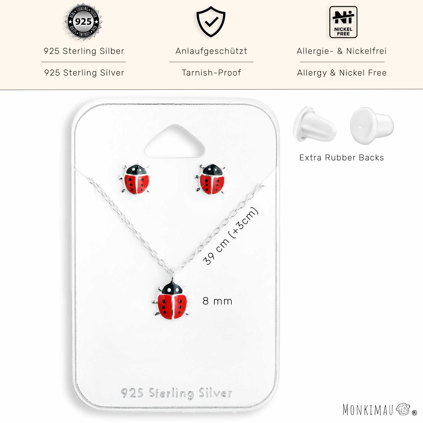 Monkimau Mädchen Halskette Marienkäfer Glücksbringer Anhänger aus 925 Sterling Silver echt Silber mit Ohrstecker Set Emaille Rot Schwarz 39cm Kette