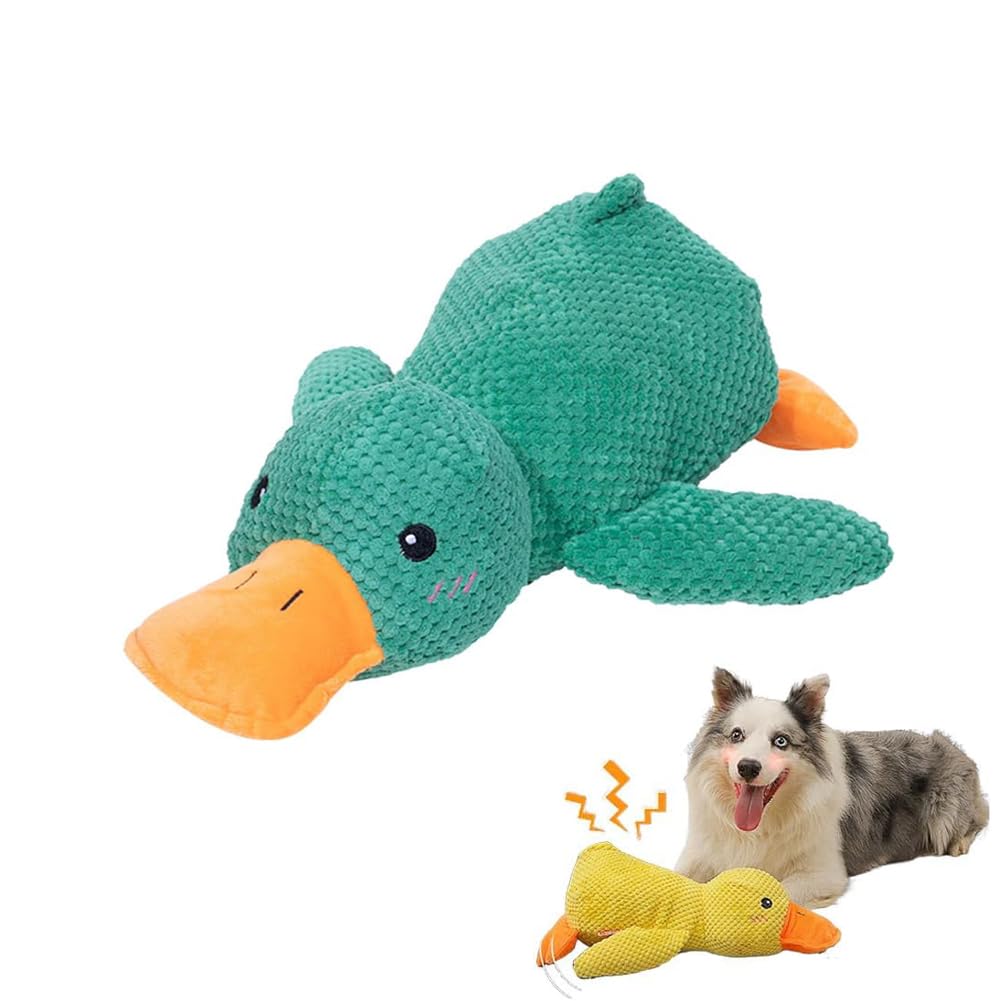 Mellow Dog Calming Duck Toy - Cute, No Stuffing, Soft Squeaker, Durable Squeaky Dog Toys for Indoor Large & Small Dogs (Green)