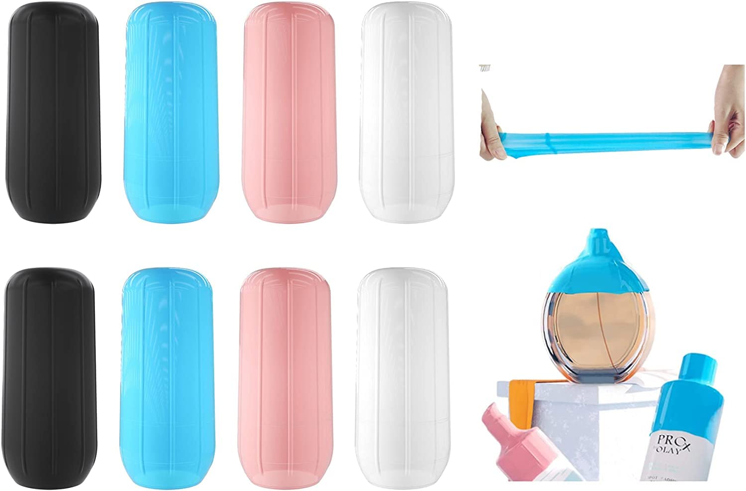 KUHPLOVE 8 Pack Reusable Leak-Proof Elastic Sleeves for Travel Toiletries - Fits Most Containers in Luggage, 8Pcs, Silicone Leak Proof Sleeves for Travel