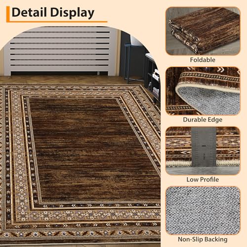GlowSol Modern Washable Rug 8x10 Rug Bordered Solid Brown Rugs for Living Room Non-Shedding Stain Resistant Large Rug Washable Neutral Rug Non-Slip Bedroom Throw Carpet for Apartment Farmhouse