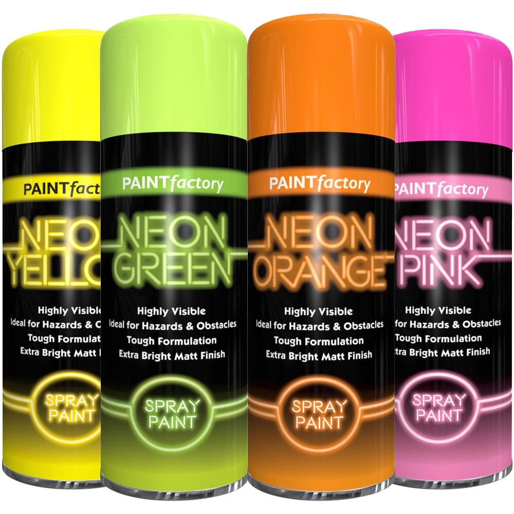 AlezyB 4 Mix Cans Fluorescent Neon Spray Paint Multipurpose Aerosol DIY Graffiti (Banksey) N0 CFCs Extra Bright Assorted Colours Paint Green Orange Pink Yellow 400ml - A17